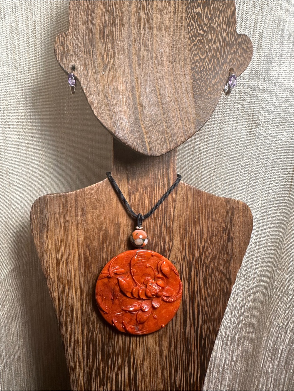 Large Round Red Agate Lotus and Dragonfly Pendant Necklace on Black Rope - Picture 4 of 13